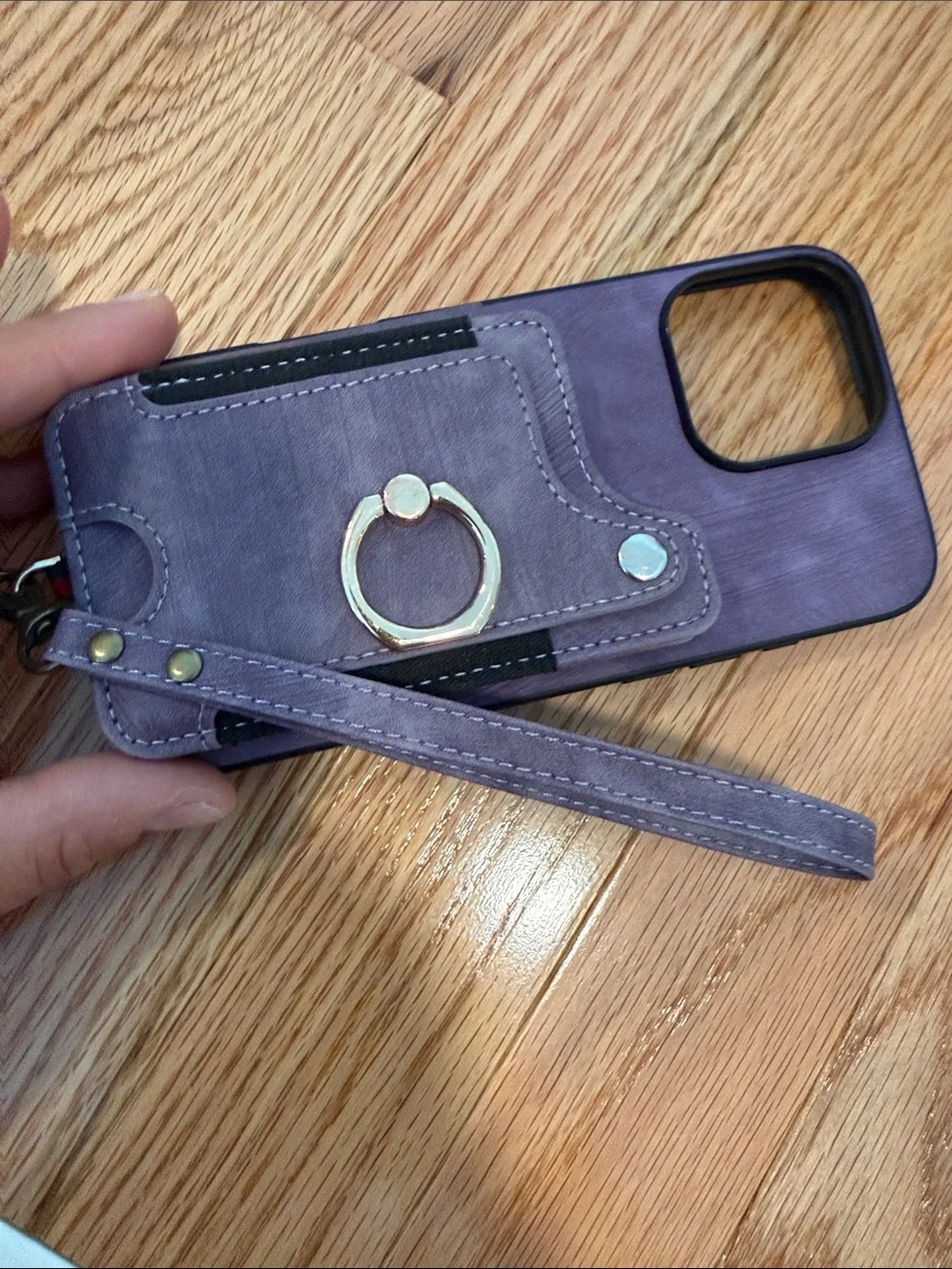 Iphone 16 pro max Purple Wristlet Phone Case with Gold Ring Grip and Card Pocket